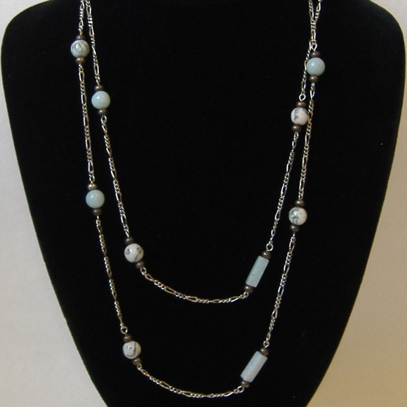 Green Stone Beaded Silver Metal Chain Necklace New - Picture 1 of 7